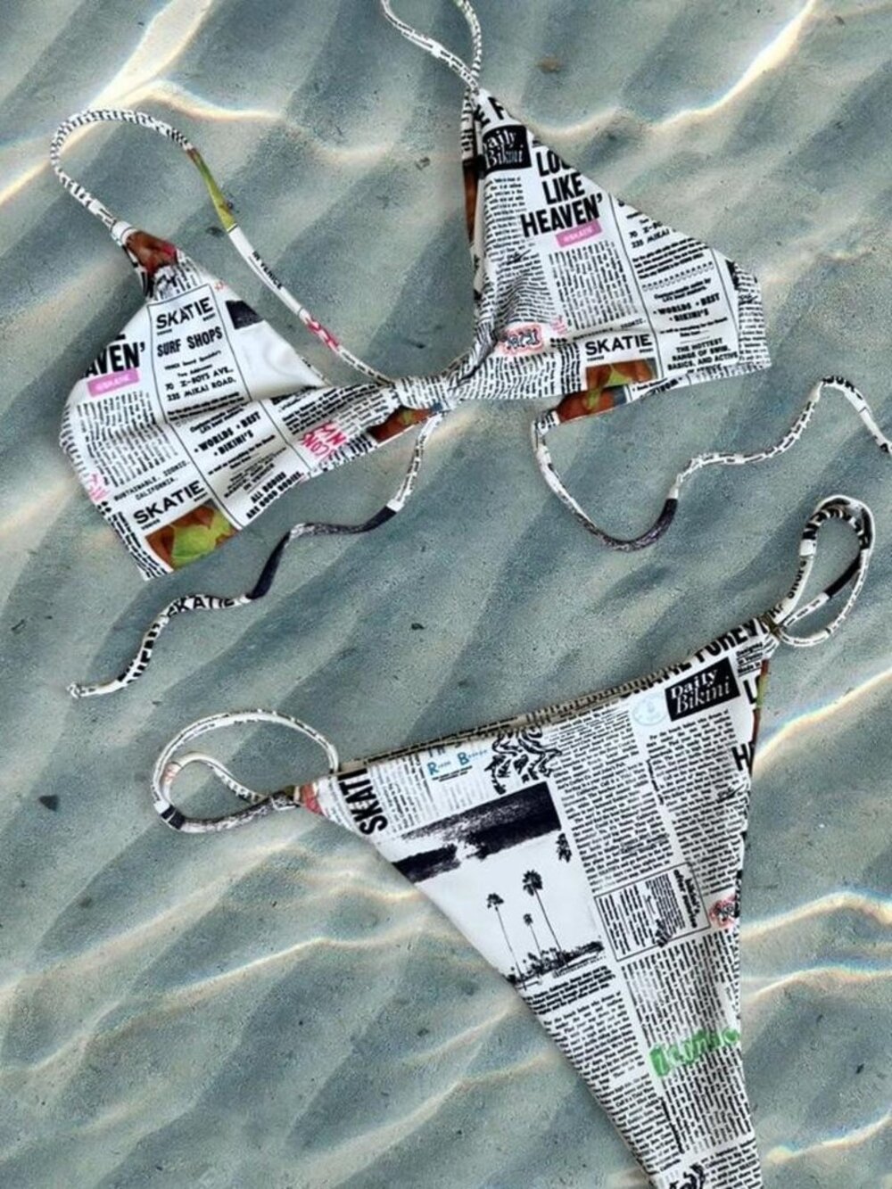 SKATIE discontinued newspaper print bikini set ⭐️ thong bottom & knot triangle